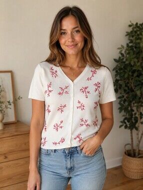Pendleton Womens Embroidered Pink Leaf Short Sleeve Cardigan Sweater Size Small